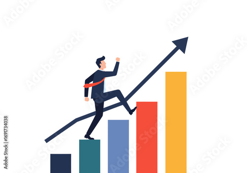Dynamic businessman confidently climbing rising bar chart graph symbolizing career growth and financial success. Flat style illustration