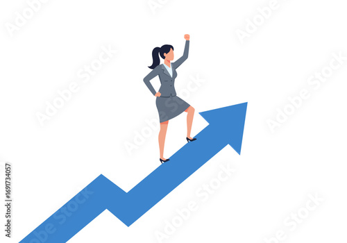 Confident businesswoman triumphs, ascending a vibrant blue arrow symbolizing growth and success in a dynamic career journey. Flat style illustration