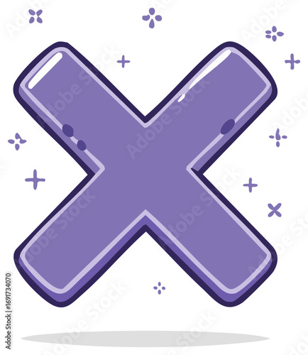 Purple cartoon X mark or cross symbol with sparkles hand drawn doodle illustration