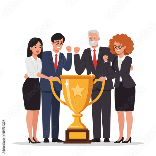 Diverse business team celebrates championship success holding a golden trophy, achieving victory together with joy and pride