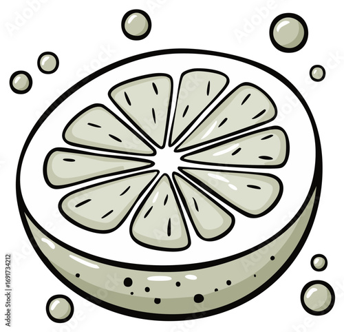 Grayscale cartoon vector illustration of a cut citrus fruit with liquid bubbles