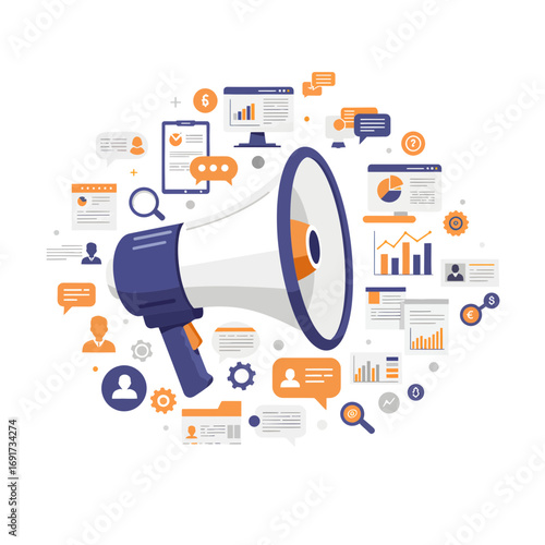 Dynamic megaphone amplifying business growth strategies and communication with data insights and analytics for marketing success