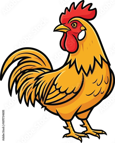 Cartoon Rooster with Red Comb and Yellow Feathers Standing Sideways Keywords: rooster, chicken, bird, fowl, poultry, farm animal, domestic animal, male chicken, cock, red comb, yellow feathers