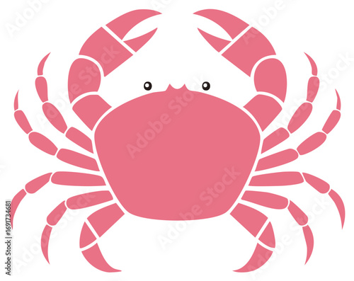 Illustration of a cute pink crab with white background, claws and eyes, simple vector graphic style, underwater sea life