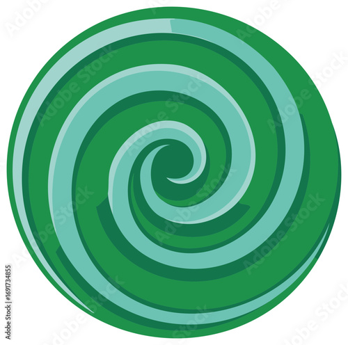 Green and teal swirling spiral pattern with depth and shading creating a hypnotic effect