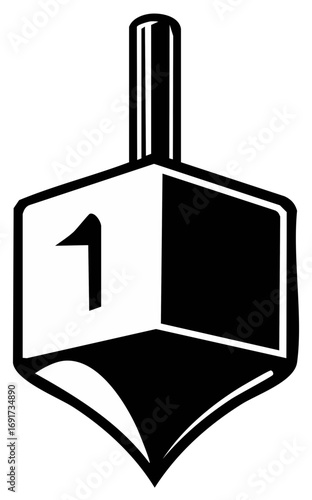 Black and White Illustration of a Traditional Toy with Number 1 Symbol