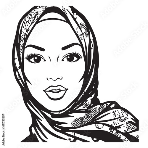 Woman Hijab Silhouette Black and White Vector Image Illustration for Modern Art and Digital Design