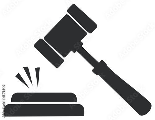 Silhouette gavel strikes sound block, judgment or legal decision flat vector icon