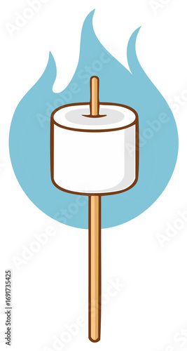 White marshmallow on stick over blue fire flames cartoon illustration