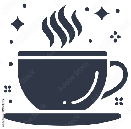 Steaming hot drink in mug on saucer surrounded by dots and stars icon vector