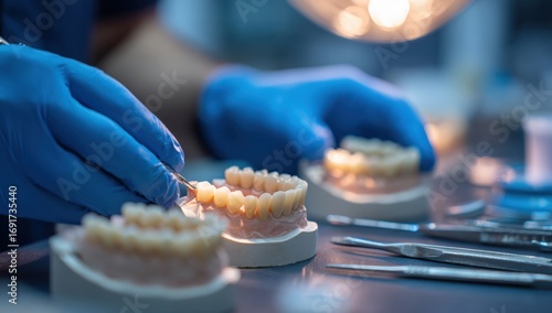 Close-up of dentist working with dental models