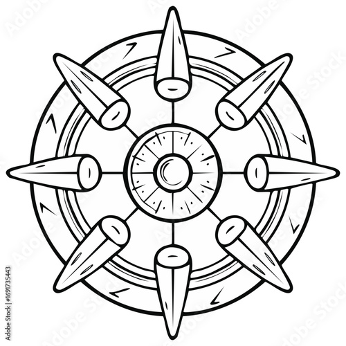 Abstract circular spiritual symbol with radiating elements line art design