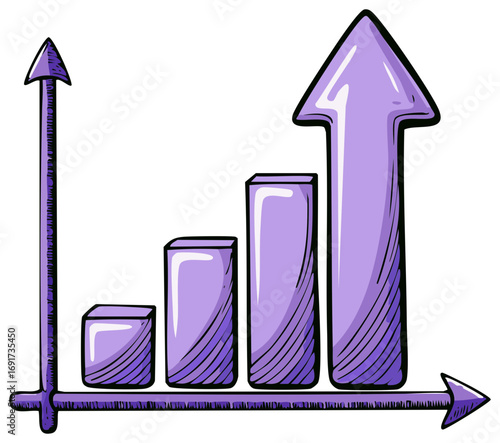 Purple bar graph with an upward trending arrow indicating growth and progress