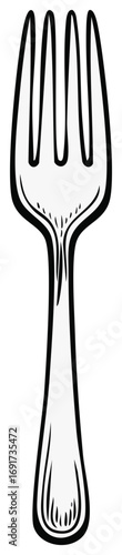 Single Elegant Silver Fork with Four Tines Hand Drawn Sketch