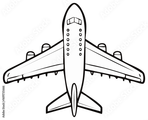 Overhead black and white line art illustration of a large commercial passenger airplane