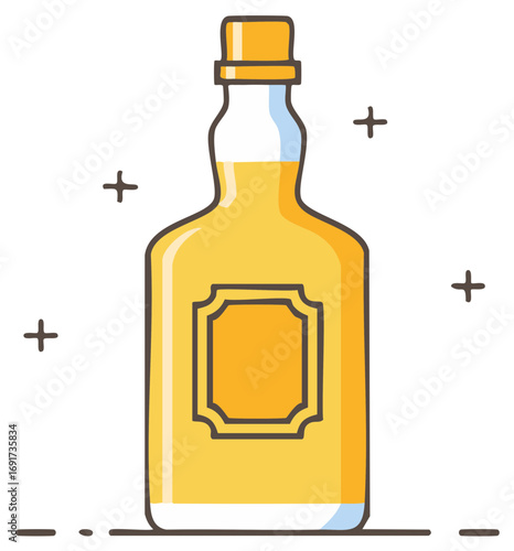 Amber Liquid in Glass Bottle with Cap and Decorative Label in Outline Illustration