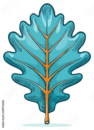 Stylized illustration of a single blue oak leaf with orange veins