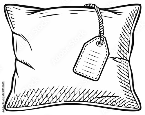 Hand-drawn pillow with price tag attached illustration