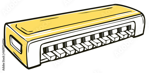 Stylized illustration of a yellow and white harmonica with detailed keys and hand drawn outline.