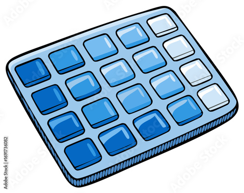 Blue ice cube tray with rows of cubes in different shades of blue