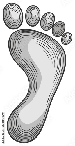 Hand drawn foot print illustration in gray tones, isolated on white background.