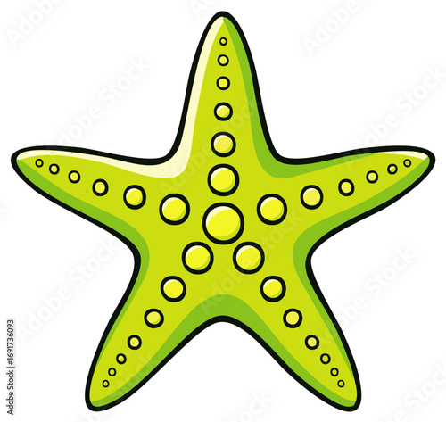 Single green starfish with yellow spots and outline illustration icon