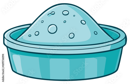Whimsical cartoon illustration of a teal bowl brimming with a heap of light blue granular powder