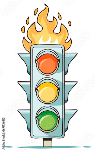 Dynamic Cartoon Traffic Light on Fire with Red Yellow Green Lights Illustration