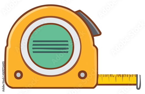 Cartoon illustration of a yellow tape measure with extended measuring tape, close up vector.