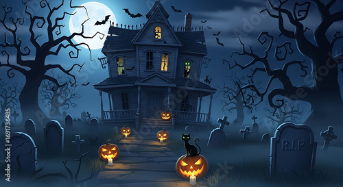 A spooky haunted house towering over a graveyard with glowing pumpkins and a full moon, 4K and HD image