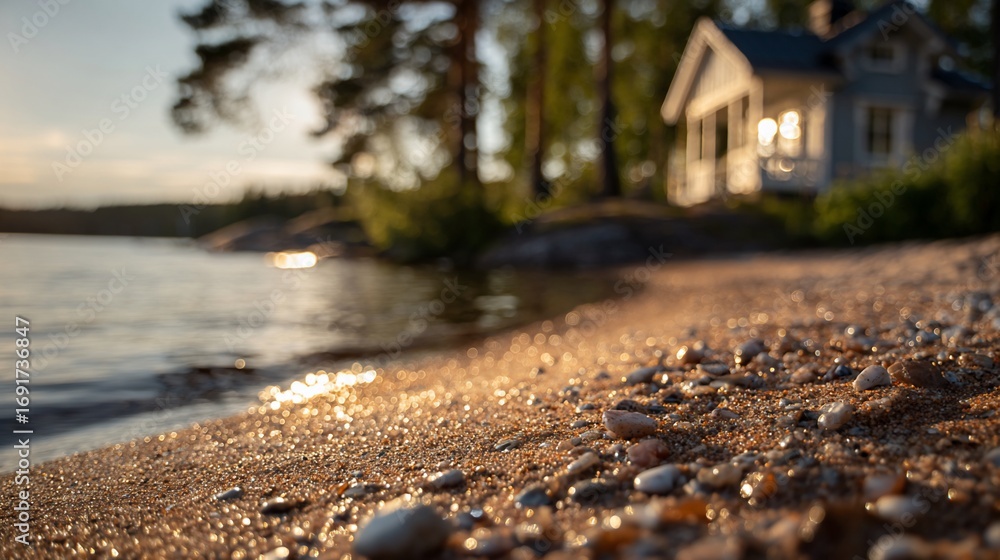 Fototapeta premium Lake shore with cabin background, golden hour sunset