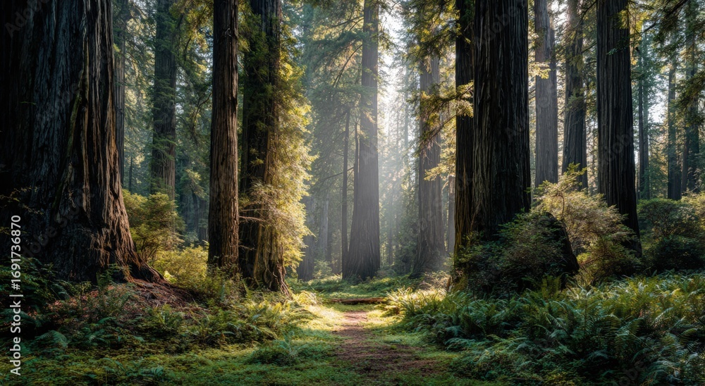 Fototapeta premium Sunlight streams through redwood forest (1)