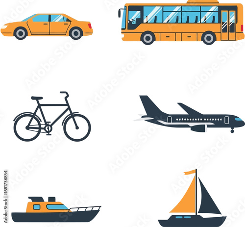 Collection of Transportation Icons Including Car Bus Bicycle Airplane Boat and Sailboat vehicle sedan
