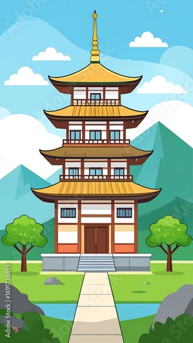 Serene pagoda nestled in mountain landscape