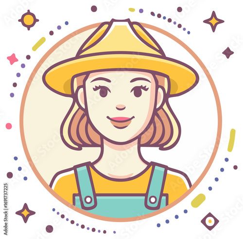 Illustrated avatar of a smiling female farmer in a hat and overalls inside a decorative circular frame