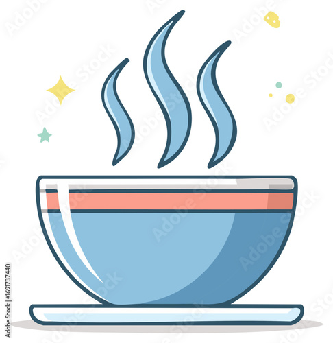 Steaming hot bowl of food illustration with colorful accents and rising vapor