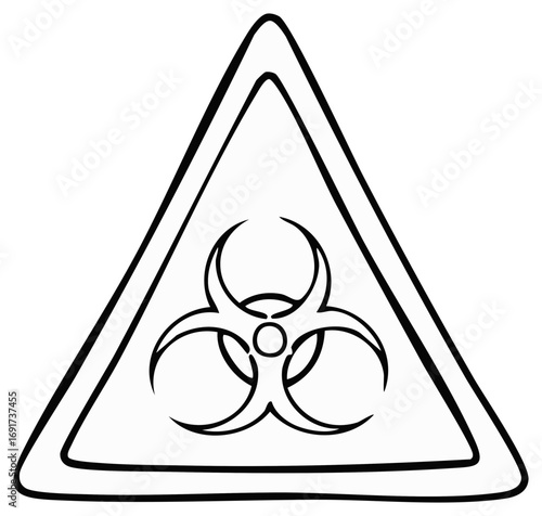 Graphic depiction of the biohazard symbol on a triangle sign warning of biological danger or potentially dangerous substances, black line art icon