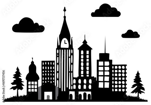 Cityscape silhouette featuring various building shapes with a tall clock tower under a cloudy sky on the horizon