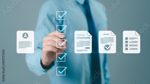 Tablou pe pânză Businessman conducting online surveys and digital form checklists on a virtual screen, document management system, online document database and file management process