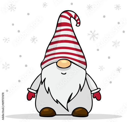 Cheerful illustration of a Christmas gnome with red and white striped hat and snowflakes.