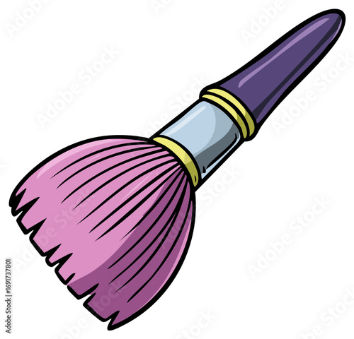 Cartoon illustration of a makeup brush with pink bristles and a purple handle perfect for beauty and cosmetic applications