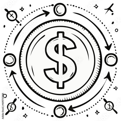 Hand-drawn dollar sign coin surrounded by circular arrows depicting money flow and financial exchange concept.