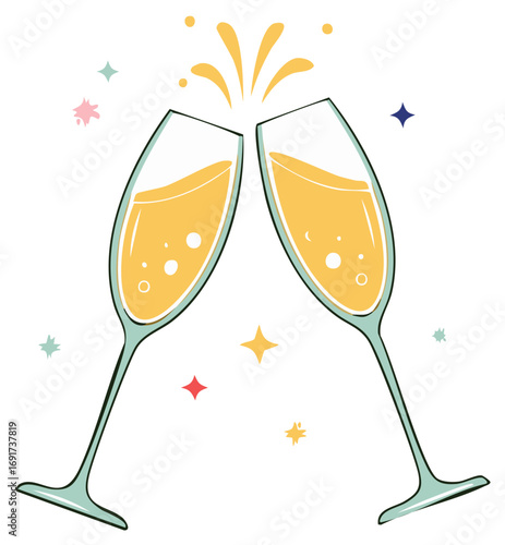 Clinking champagne flutes toast celebration with sparkling bubbles and colorful festive stars illustration
