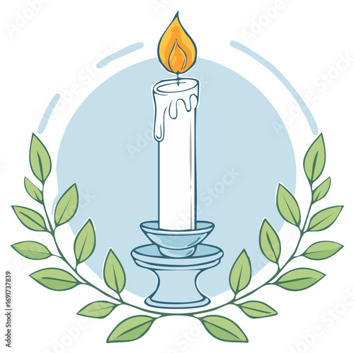 Gentle burning candle with melting wax in a classic blue holder encircled by a botanical wreath