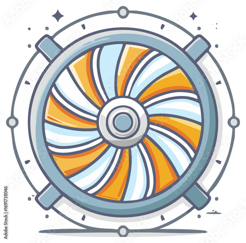 Cartoon illustration of an air vent with propeller blades and sparks
