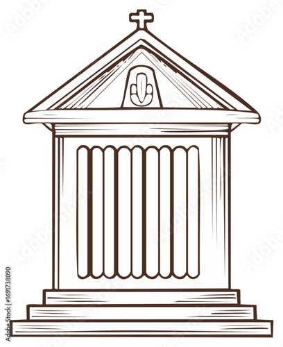 Architectural Illustration of a Tomb with Cross, Colonnade, and Geometric Design