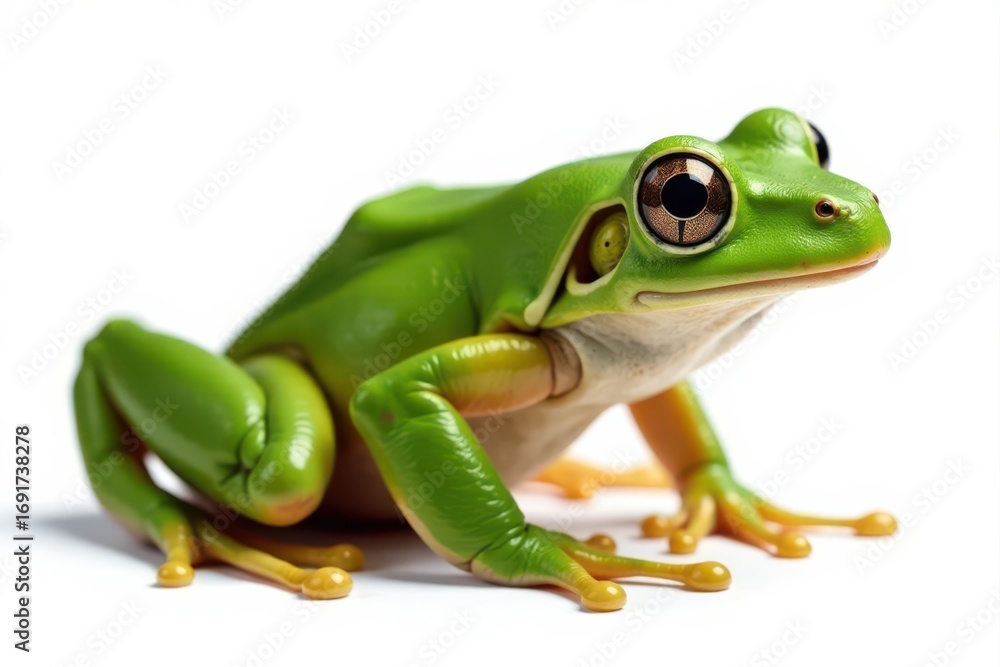 Fototapeta premium European tree frog, Hyla arborea, isolated, white background, right profile view, amphibian photography, isolated, green frog