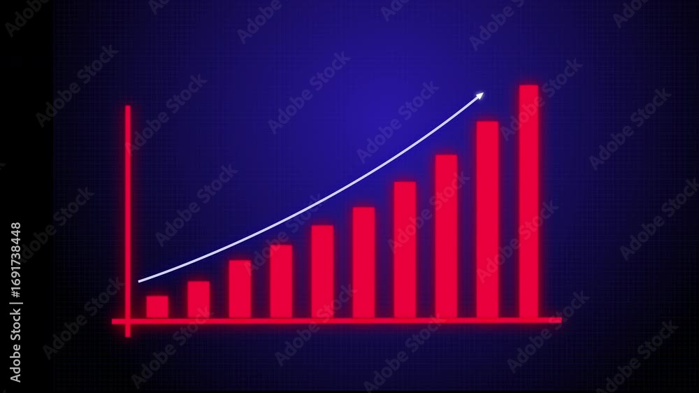 business graph with red arrow, Red bar graph showing upward trend with a white line on a dark blue background