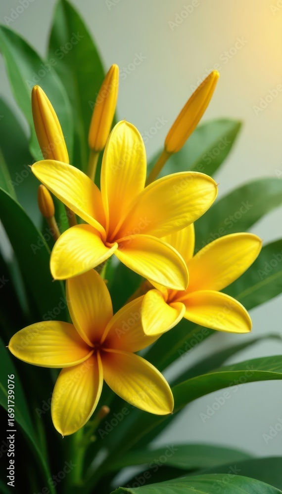 Fototapeta premium Lush yellow tropical bouquet, vibrant accents, macro, gold, vibrant