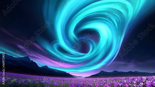 Bright blue spiral aurora swirls across a dark night sky over a field of purple flowers.